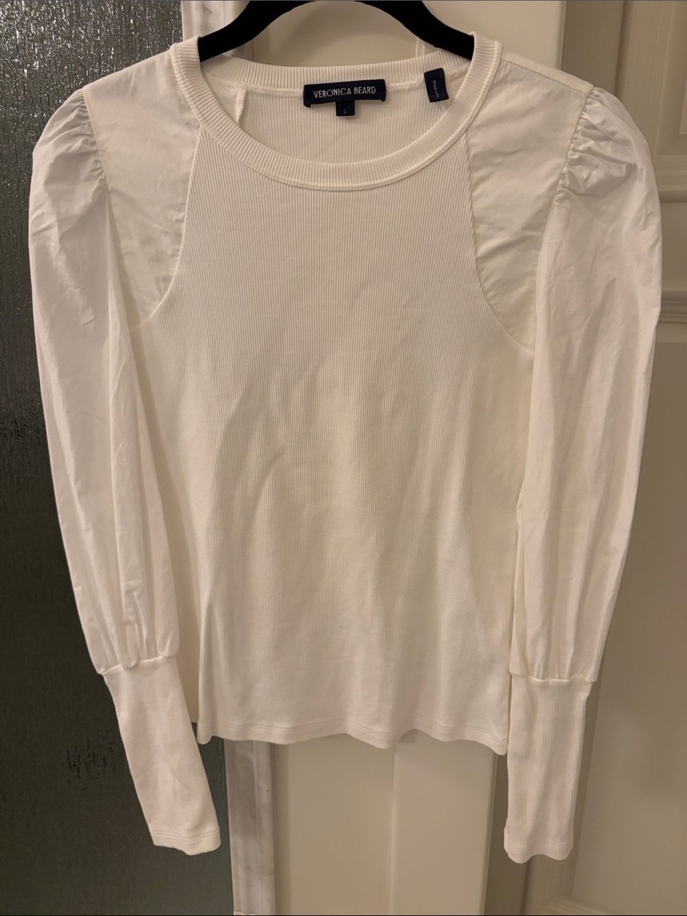 Veronica Beard White Ribbed Long-Sleeve Puff Shoulder Top